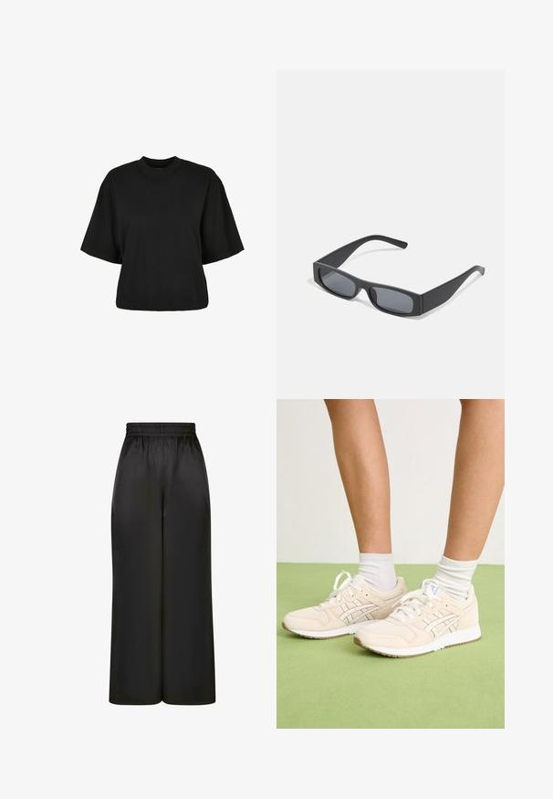 Fekete, rövid ujjú, pamut crop póló. Kerek nyakkivágással rendelkezik. Simára készült textúrája van, egyszerű dizájn, nincs rajta további minta.; Fekete, bő szárú nadrág, sima, fényes anyagból, rugalmas derékrésszel, látható zsebek vagy fém részletek nélkül.; Beige sportcipők textúrával ellátott velúrból és hálós anyagból készült felsőrész, fehér fűzők, kontrasztos logóval díszítve és gumitalppal, fehér bokazoknival viselve.; Fekete téglalap alakú napszemüveg sötét lencsékkel és vastag, matt kerettel. A szárak enyhén elkeskenyednek, sima felületűek.