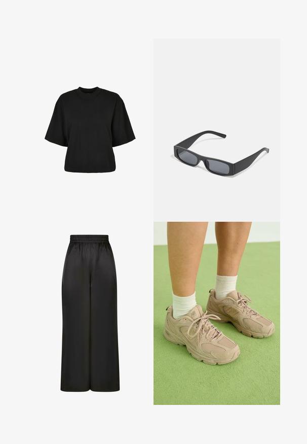 Fekete, rövid ujjú, pamut crop póló. Kerek nyakkivágással rendelkezik. Simára készült textúrája van, egyszerű dizájn, nincs rajta további minta.; Fekete, bő szárú nadrág, sima, fényes anyagból, rugalmas derékrésszel, látható zsebek vagy fém részletek nélkül.; Bézs színű sportcipők textúrázott hálós felsőrésszel, párnázott gallérral és azonos színű fűzőkkel, világos zöld háttér előtt.; Fekete téglalap alakú napszemüveg sötét lencsékkel és vastag, matt kerettel. A szárak enyhén elkeskenyednek, sima felületűek.