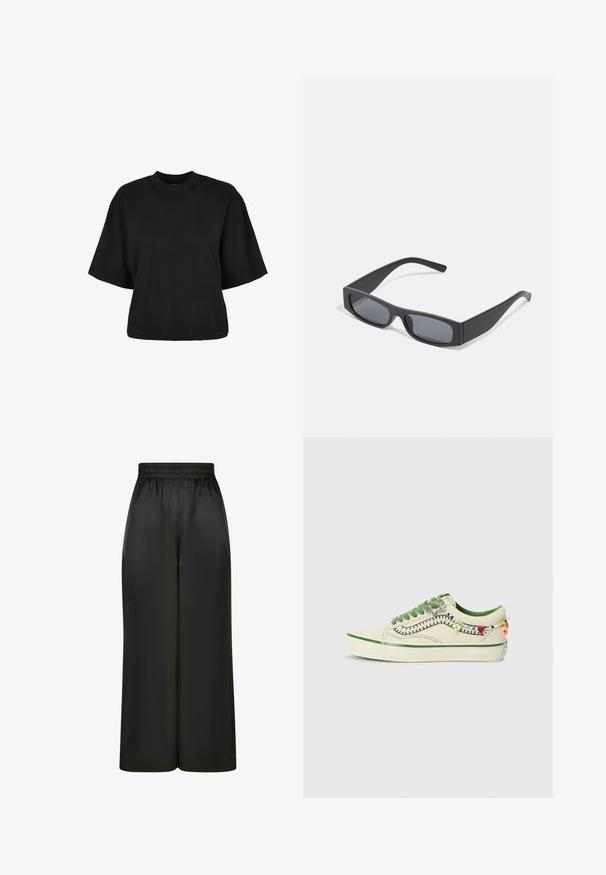 Černé zkrácené tričko vyrobené z bavlny. Má krátké rukávy a kulatý výstřih. Hladký povrch s jednoduchým designem, bez dalších vzorů.; Černé široké kalhoty vyrobené z hladké, lesklé látky, s elastickým pasem bez viditelných kapes nebo kovových detailů.; Vans OLD SKOOL COCONA - Tenisky - cream; Černé obdélníkové sluneční brýle s tmavými skly a tlustými matnými rámy. Stranice jsou mírně zúžené s hladkým povrchem.