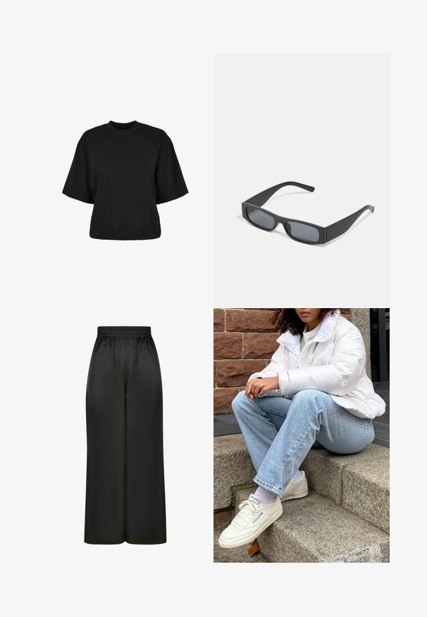 T-shirt noir court en coton. Doté de manches courtes et d'un col rond. Texture lisse avec un design simple, sans motifs supplémentaires.; Pantalons larges noirs en tissu lisse et brillant, avec une taille élastique et sans poches ni détails en métal visibles.; Doudoune blanche avec un col haut, jean en denim bleu clair et baskets blanches Reebok. Escaliers en pierre texturée en arrière-plan.; Lunettes de soleil noires rectangulaires avec des verres foncés et des montures en mat épais. Les branches sont légèrement effilées avec une texture lisse.