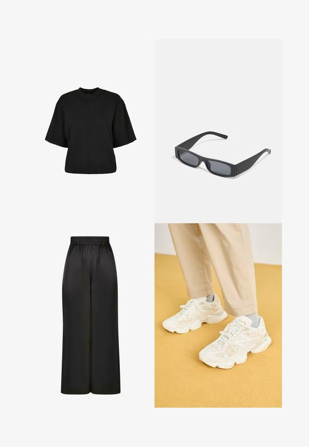 Fekete, rövid ujjú, pamut crop póló. Kerek nyakkivágással rendelkezik. Simára készült textúrája van, egyszerű dizájn, nincs rajta további minta.; Fekete, bő szárú nadrág, sima, fényes anyagból, rugalmas derékrésszel, látható zsebek vagy fém részletek nélkül.; Fehér sportcipők, textúrált felsőrésszel, finom mintákkal, lekerekített formával és párnázott talppal, bézs nadrággal párosítva.; Fekete téglalap alakú napszemüveg sötét lencsékkel és vastag, matt kerettel. A szárak enyhén elkeskenyednek, sima felületűek.