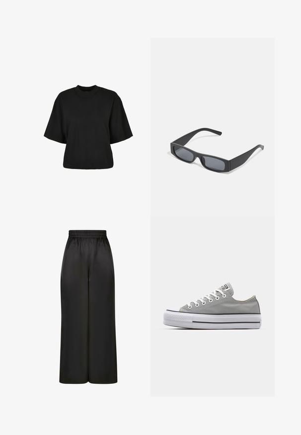 Schwarzes, kurz geschnittenes T-Shirt aus Baumwolle. Hat kurze Ärmel und einen runden Halsausschnitt. Glatte Textur mit einem schlichten Design, ohne zusätzliche Muster.; Schwarze, weit geschnittene Hosen aus glattem, glänzendem Stoff mit elastischem Bund und ohne sichtbare Taschen oder Metallteile.; Graue Leinensneaker mit weißen Schnürsenkeln, Gummizehenspitze und einer dicken, weißen Gummisohle, die an der Seite zwei schwarze Streifen aufweist.; Schwarze rechteckige Sonnenbrillen mit dunklen Gläsern und dicken matten Rahmen. Die Bügel sind leicht verjüngt und haben eine glatte Oberfläche.