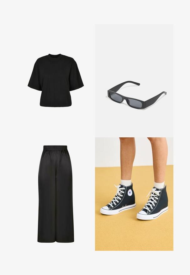 Tricou scurt, negru, din bumbac. Are mâneci scurte și un decolteu rotund. Textură netedă cu un design simplu, fără modele adiționale.; Pantaloni negri cu picioare largi, fabricați dintr-un material neted și lucios, cu un elastic la talie și fără buzunare vizibile sau detalii metalice.; Adidași cu guler înalt din pânză albastră închisă, cu tălpi și șireturi din cauciuc alb. Prezintă un logo circular și detalii de cusătură albă.; Ochelari de soare negri, cu lentile întunecate și rame groase mate. Brațele sunt ușor conice, cu o textură netedă.