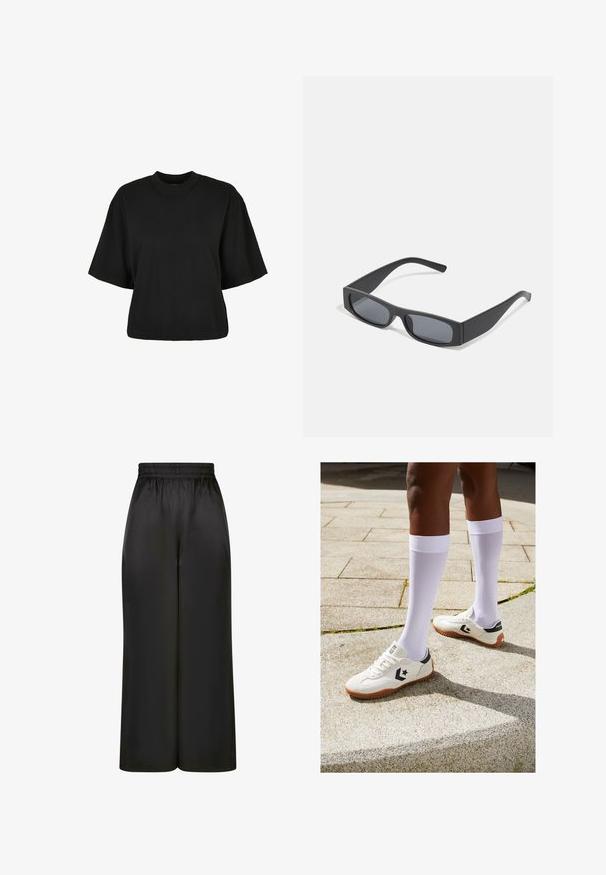 Črna kratka majica iz bombaža. Ima kratke roke in okroglo izreza. Gladka tekstura z enostavnim dizajnom, brez dodatnih vzorcev.; Črne široke hlače iz gladkega, sijočega materiala z elastičnim pasom in brez vidnih žepov ali kovinskih detajlov.; Bele športne čevlje z teksturirano površino, črnimi poudarki in rjavim gumijastim podplatom, v kombinaciji z belimi nogavicami do kolen.; Črne pravokotne sončna očala s temnimi lečami in debelimi mat okvirji. Ročaji so rahlo ukrivljeni in imajo gladko teksturo.