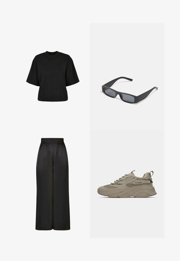 Black cropped t-shirt made of cotton. Features short sleeves and a round neckline. Smooth texture with a simple design, no additional patterns.; Black wide-leg pants made of smooth, shiny fabric with an elastic waistband and no visible pockets or hardware details.; Beige chunky sneaker with mesh details, thick sole, laces, pull tab on heel, and "STEVE MADDEN" logo on side panel.; Black rectangular sunglasses with dark lenses and thick matte frames. The arms are slightly tapered with a smooth texture.