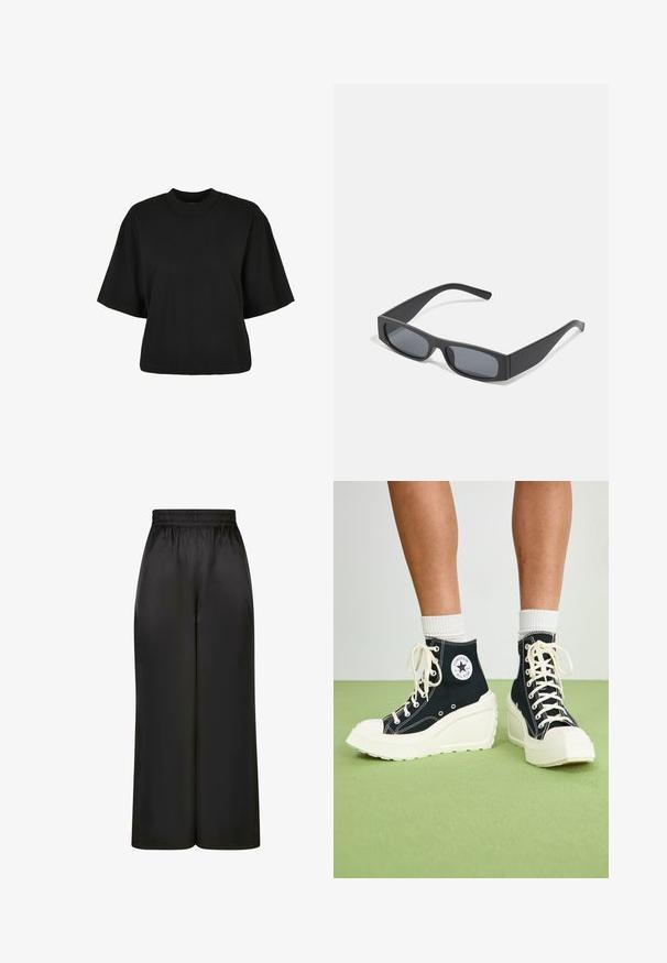Černé zkrácené tričko vyrobené z bavlny. Má krátké rukávy a kulatý výstřih. Hladký povrch s jednoduchým designem, bez dalších vzorů.; Černé široké kalhoty vyrobené z hladké, lesklé látky, s elastickým pasem bez viditelných kapes nebo kovových detailů.; Černé vysoké tenisky s vyvýšenou bílou platformou, se bílými šňůrkami a kulatou logovou nášivkou na boku. Texturovaný plátěný materiál.; Černé obdélníkové sluneční brýle s tmavými skly a tlustými matnými rámy. Stranice jsou mírně zúžené s hladkým povrchem.
