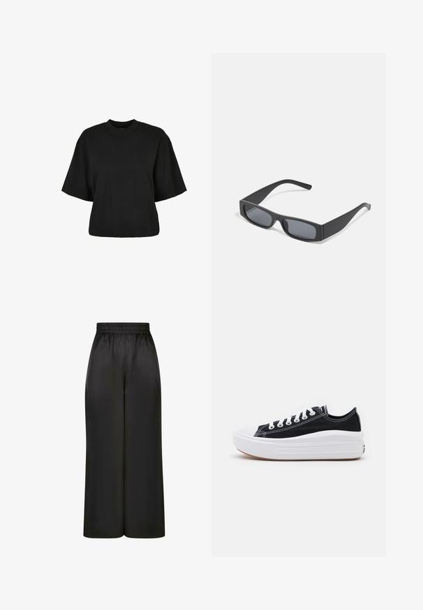Schwarzes, kurz geschnittenes T-Shirt aus Baumwolle. Hat kurze Ärmel und einen runden Halsausschnitt. Glatte Textur mit einem schlichten Design, ohne zusätzliche Muster.; Schwarze, weit geschnittene Hosen aus glattem, glänzendem Stoff mit elastischem Bund und ohne sichtbare Taschen oder Metallteile.; Schwarze Canvas-Sneaker mit weißen Schnürsenkeln, weißer Gummikappe und einer massiven weißen Zwischensohle. Besondere Merkmale sind dezente weiße Nähte und eine Gummisohle.; Schwarze rechteckige Sonnenbrillen mit dunklen Gläsern und dicken matten Rahmen. Die Bügel sind leicht verjüngt und haben eine glatte Oberfläche.