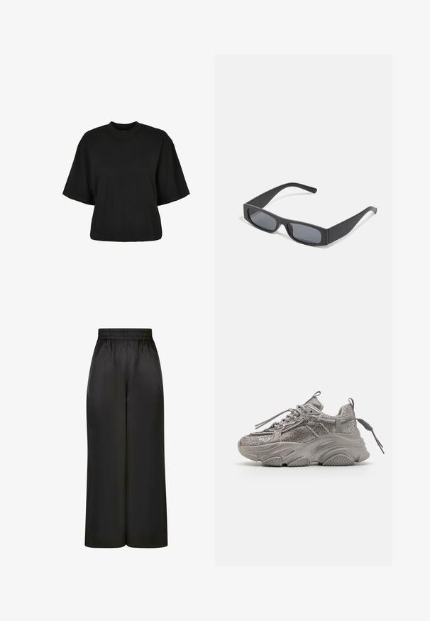 Maglietta nera cropped realizzata in cotone. Presenta maniche corte e un collo rotondo. Tessuto liscio con un design semplice, senza ulteriori motivi.; Pantaloni neri a gamba larga realizzati in un tessuto liscio e lucido, con una vita elastica e senza tasche visibili o dettagli in metallo.; Sneaker grigio chunky con tomaia in rete texturizzata, suola in gomma spessa e lacci piatti. Presenta un collare e un risvolto imbottiti per una vestibilità sicura.; Occhiali da sole neri rettangolari con lenti scure e montatura spessa opaca. Le asticelle sono leggermente affusolate con una texture liscia.