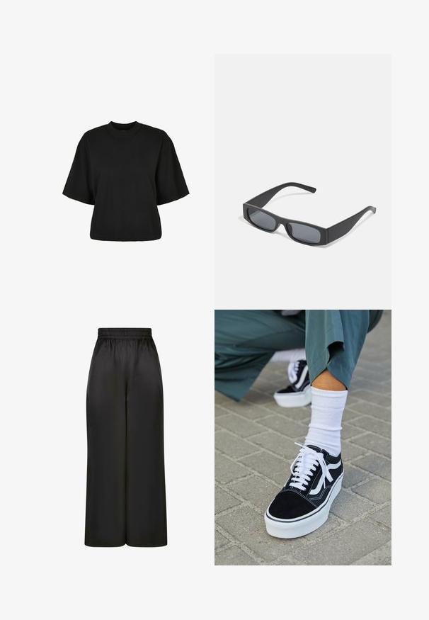 Sort cropped t-shirt lavet af bomuld. Har korte ærmer og rund halsudskæring. Glat tekstur med et enkelt design, ingen ekstra mønstre.; Sorte brede bukser lavet af glat, skinnende stof med elastisk talje og uden synlige lommer eller hardwaredetaljer.; Sorte ruskinds sneakers med hvide accenter og snørebånd, der har en tyk hvid sål og kontrasterende syninger, parret med en hvid sok.; Sorte rektangulære solbriller med mørke linser og tykke matte stel. Armen er let tilspidset med en glat overflade.