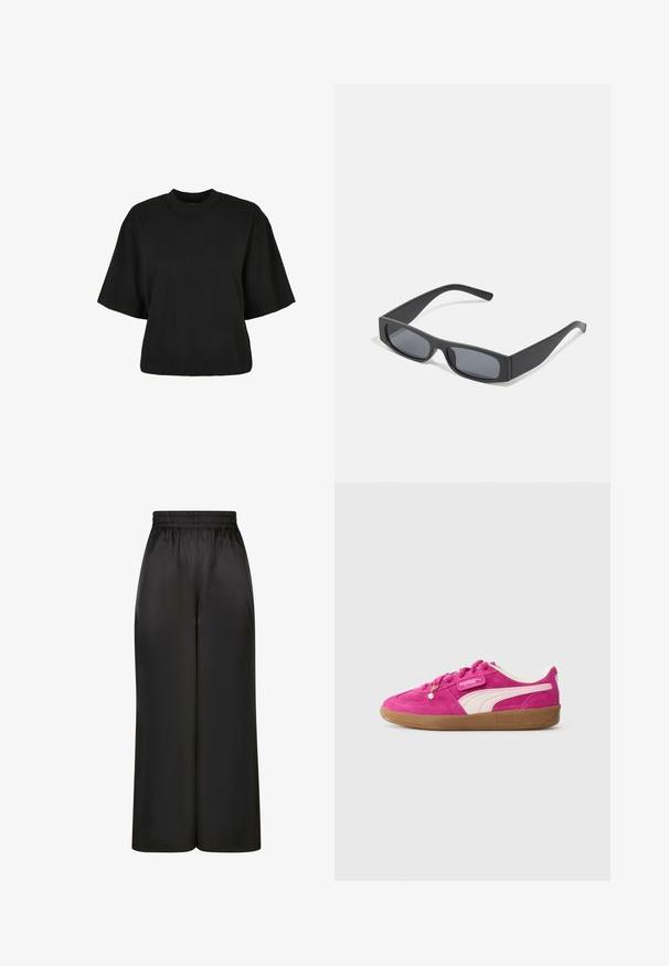 Crna skraćena majica od pamuka. Ima kratke rukave i okrugli izrez. Glatka tekstura s jednostavnim dizajnom, bez dodatnih uzoraka.; Crne široke hlače napravljene od glatkog, sjajnog materijala s elastičnim pojasom i bez vidljivih džepova ili metalnih detalja.; Svijetlo ružičaste nubuk Puma tenisice s bijelim bočnim prugama, gumenim potplatom i dekorativnom perlom na vezicama na svijetlosivoj pozadini.; Crne pravokutne sunčane naočale s tamnim lećama i debelim mat okvirima. Naočale su lagano sužene s glatkom teksturom.
