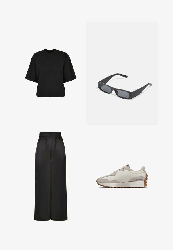 Schwarzes, kurz geschnittenes T-Shirt aus Baumwolle. Hat kurze Ärmel und einen runden Halsausschnitt. Glatte Textur mit einem schlichten Design, ohne zusätzliche Muster.; Schwarze, weit geschnittene Hosen aus glattem, glänzendem Stoff mit elastischem Bund und ohne sichtbare Taschen oder Metallteile.; Niedrig geschnittene beige und cremefarbene New Balance Sneaker mit Gummisohle und Schnürdesign, die die äußere Seitenansicht vor weißem Hintergrund zeigen.; Schwarze rechteckige Sonnenbrillen mit dunklen Gläsern und dicken matten Rahmen. Die Bügel sind leicht verjüngt und haben eine glatte Oberfläche.