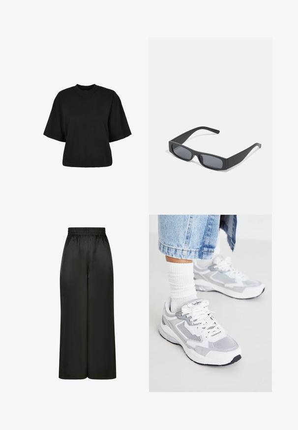 Must terav t-särk, mis on valmistatud puuvillast. Omab lühikesi varrukaid ja ümmargust kaelust. Sile tekstuur ja lihtne disain, ilma täiendavate mustriteta.; Mustad laiad püksid, mis on valmistatud siledast, läikivast kangast, millel on elastne vöökoht ja ilma nähtavate taskute või riistvara detailideta.; Valged ja heleda halli värvi spordijalatsid, mis on valmistatud võrkkangast ja seemisnahast, omavad kohandatud paeltega sulgemist, pehmet krae ning tekstuuriga tallat.; Mustad ristkülikukujulised prillid tumepruunide objektiividega ja paksude mattmustade raamidega. Raamide varred on veidi kitsenenud ja neil on sile tekstuur.