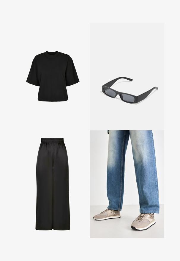 Must terav t-särk, mis on valmistatud puuvillast. Omab lühikesi varrukaid ja ümmargust kaelust. Sile tekstuur ja lihtne disain, ilma täiendavate mustriteta.; Mustad laiad püksid, mis on valmistatud siledast, läikivast kangast, millel on elastne vöökoht ja ilma nähtavate taskute või riistvara detailideta.; Beige spordijalatsid, millel on ühelt poolt võrkpaneelid ja nahkpaneelid, musta välispinna ja paeltega disainiga, koos helesiniste laia lõikega teksadega.; Mustad ristkülikukujulised prillid tumepruunide objektiividega ja paksude mattmustade raamidega. Raamide varred on veidi kitsenenud ja neil on sile tekstuur.