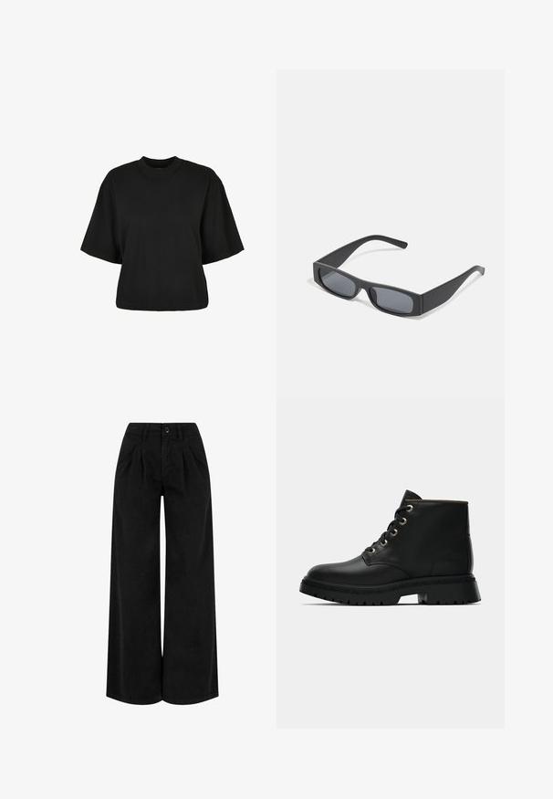 Must terav t-särk, mis on valmistatud puuvillast. Omab lühikesi varrukaid ja ümmargust kaelust. Sile tekstuur ja lihtne disain, ilma täiendavate mustriteta.; Must värvilised laiad püksid, mis on valmistatud kergest kangast, esiosas volditud, nupuga kinnitamine ja puhas viimistlus allääres.; Must have nahkasaapad, ümmarguse varbaga, kuldsete silmadega ja tekstuuriga tallaga. Omab pehmendustega kraed ja eristuvat logo küljel.; Mustad ristkülikukujulised prillid tumepruunide objektiividega ja paksude mattmustade raamidega. Raamide varred on veidi kitsenenud ja neil on sile tekstuur.