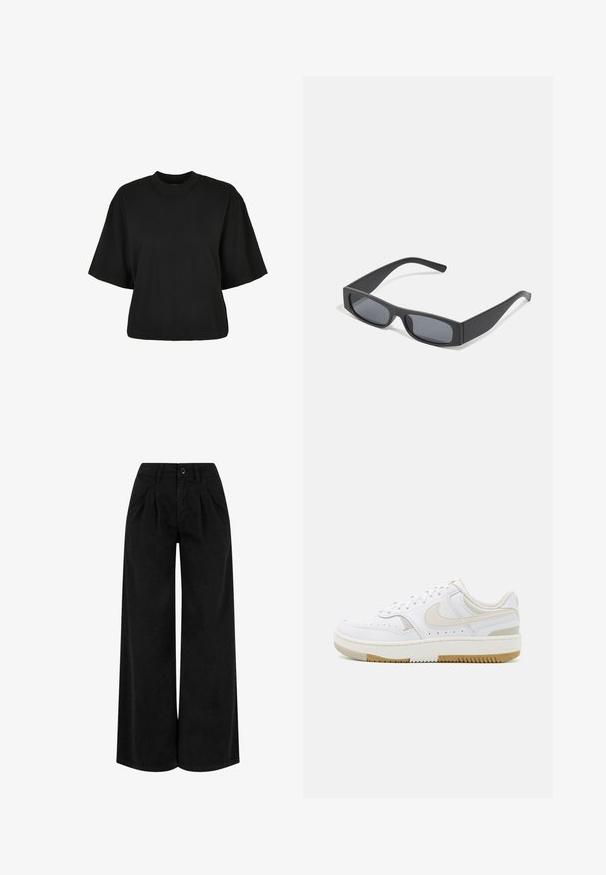 Čierne skrátené tričko z bavlny. Disponuje krátkymi rukávmi a okrúhlym výstrihom. Hladká textúra s jednoduchým dizajnom, bez ďalších vzorov.; Čierne široké nohavice vyrobené z ľahkej tkaniny, s plisovaním na prednej strane, zapínaním na gombík a úhľadným zakončením na dolnom okraji.; Biele tenisky s hladkým koženým zvrškom, svetlo béžovými akcentmi, perforovanými detailami a hnedou gumovou podrážkou. Minimalistický dizajn.; Čierne obdĺžnikové slnečné okuliare s tmavými sklami a hrubými matnými rámami. Ramena sú mierne zúžené s hladkým povrchom.