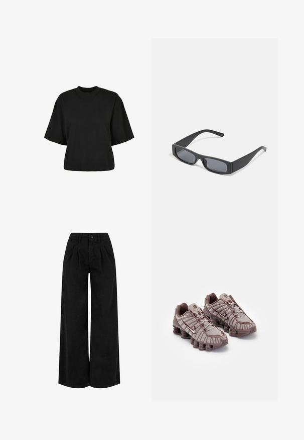 Fekete, rövid ujjú, pamut crop póló. Kerek nyakkivágással rendelkezik. Simára készült textúrája van, egyszerű dizájn, nincs rajta további minta.; Fekete, bő szárú nadrág könnyű anyagból, elöl redőkkel, gombos záródással és tiszta szegéllyel.; Nike Sportswear SHOX TL - Sportcipő - pumice/night maroon/plum eclipse; Fekete téglalap alakú napszemüveg sötét lencsékkel és vastag, matt kerettel. A szárak enyhén elkeskenyednek, sima felületűek.