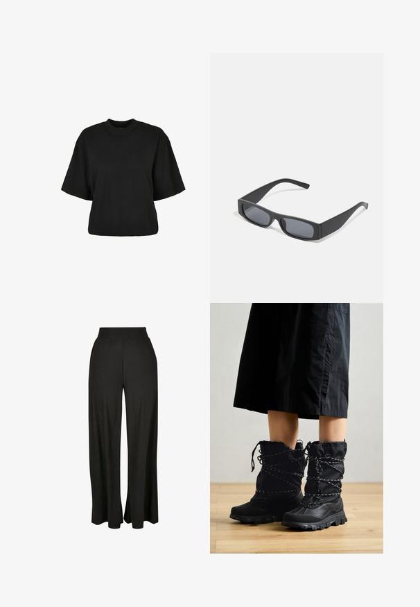 Fekete, rövid ujjú, pamut crop póló. Kerek nyakkivágással rendelkezik. Simára készült textúrája van, egyszerű dizájn, nincs rajta további minta.; Fekete, széles szárú nadrág, függőleges bordás textúrával és gumis derékkal. Oldalsó zsebekkel és laza anyagkialakítással rendelkezik.; Fekete téli csizmák texturált felülettel, magas sziluettel és ráncolt tetejével. Különböző színű zöld fűzőkkel és masszív talppal rendelkezik.; Fekete téglalap alakú napszemüveg sötét lencsékkel és vastag, matt kerettel. A szárak enyhén elkeskenyednek, sima felületűek.