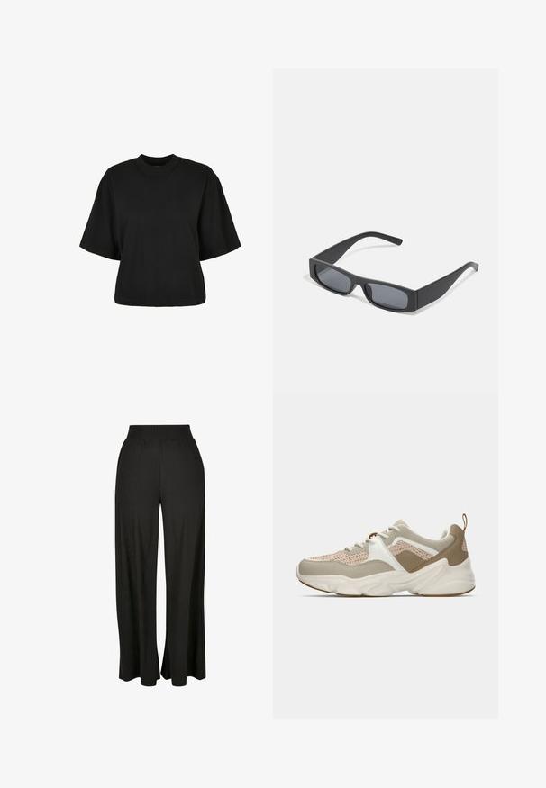 Must terav t-särk, mis on valmistatud puuvillast. Omab lühikesi varrukaid ja ümmargust kaelust. Sile tekstuur ja lihtne disain, ilma täiendavate mustriteta.; Mustad laiad püksid vertikaalse ribakudumisega ja elastse kõrge vöökoht. Omab külgtaskuid ja voolavat kangast disaini.; Kerged jooksushuud, millel on beež võrkkangas, valged aktsendid ja struktureeritud pruunid detailid. Paks kummist tald, millel on ainulaadne lainekujundus.; Mustad ristkülikukujulised prillid tumepruunide objektiividega ja paksude mattmustade raamidega. Raamide varred on veidi kitsenenud ja neil on sile tekstuur.