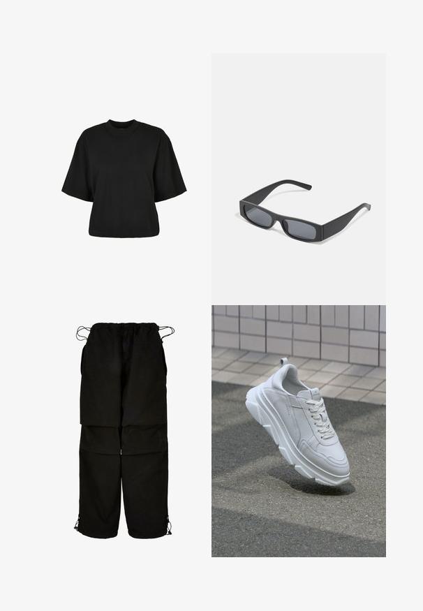 Schwarzes, kurz geschnittenes T-Shirt aus Baumwolle. Hat kurze Ärmel und einen runden Halsausschnitt. Glatte Textur mit einem schlichten Design, ohne zusätzliche Muster.; Schwarze Hose aus leichtem Material, mit verstellbarem Bund und Kordelzug am Saum. Entworfen mit einer lockeren, oversized Passform und mehreren Taschen.; Weiße Leder-Sneaker mit einer dicken, strukturierten Gummisohle, ausgestattet mit Schnürverschluss und Nahtdetails. Rund zulaufende Zehenkappe und unterstützendes Design für den Knöchel.; Schwarze rechteckige Sonnenbrillen mit dunklen Gläsern und dicken matten Rahmen. Die Bügel sind leicht verjüngt und haben eine glatte Oberfläche.