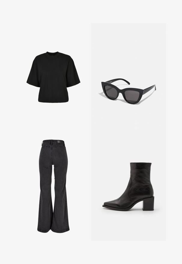 Črna kratka majica iz bombaža. Ima kratke roke in okroglo izreza. Gladka tekstura z enostavnim dizajnom, brez dodatnih vzorcev.; Črne razširjene kavbojke z gladko teksturo, visokim pasom in blagovno znamko na zadnji strani. Imajo široko zasnovo hlačnic ter ojačano šivanje.; Črne usnjene gležnjarje s kvadratnim prstom in blok peto. Oblikovanje se ponaša z gladko teksturo in minimalnimi šivi.; Črne mačke-oko sončna očala z mat zaključkom, ki imajo sive tonirane leče, ostre kote in eleganten stranski del. Ime blagovne znamke je vidno na notranjem ročaju.