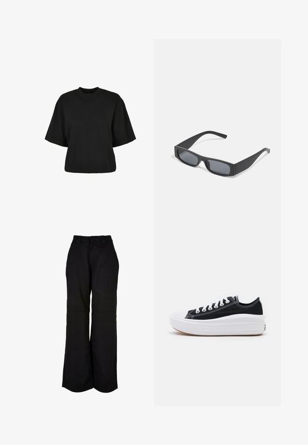 Černé zkrácené tričko vyrobené z bavlny. Má krátké rukávy a kulatý výstřih. Hladký povrch s jednoduchým designem, bez dalších vzorů.; Černé kalhoty s širokými nohavicemi, které mají hladký povrch, dvě přední kapsy a bezešvý pás pro snadné nošení.; Černé plátěné tenisky s bílými tkaničkami, bílým gumovým špičkovým krytem a masivní bílou střední podrážkou. Mají jemné bílé švy a gumovou podešev.; Černé obdélníkové sluneční brýle s tmavými skly a tlustými matnými rámy. Stranice jsou mírně zúžené s hladkým povrchem.
