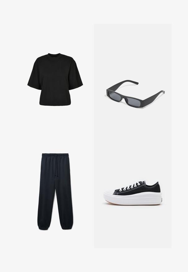 Schwarzes, kurz geschnittenes T-Shirt aus Baumwolle. Hat kurze Ärmel und einen runden Halsausschnitt. Glatte Textur mit einem schlichten Design, ohne zusätzliche Muster.; Schwarze Jogginghosen aus weichem Stoff, mit einem elastischen Bund und Kordelzug sowie elastischen Bündchen an den Knöcheln für eine schmale Passform.; Schwarze Canvas-Sneaker mit weißen Schnürsenkeln, weißer Gummikappe und einer massiven weißen Zwischensohle. Besondere Merkmale sind dezente weiße Nähte und eine Gummisohle.; Schwarze rechteckige Sonnenbrillen mit dunklen Gläsern und dicken matten Rahmen. Die Bügel sind leicht verjüngt und haben eine glatte Oberfläche.