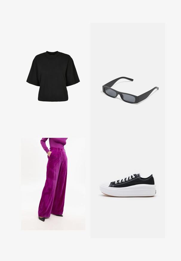 Zwart cropped t-shirt van katoen. Heeft korte mouwen en een ronde halslijn. Glad materiaal met een eenvoudig ontwerp, geen extra patronen.; Levendig paarse wijde broek van gestructureerde stof, met een hoge tailleband en zijzakken, gecombineerd met zwarte puntige schoenen.; Zwarte canvas sneakers met witte veters, een witte rubberen teenkap en een chunky witte tussenzool. Bevat subtiele witte stiksels en een gumzool.; Zwarte rechthoekige zonnebril met donkere lenzen en dikke matte monturen. De zijstukken zijn licht taps toelopend met een gladde textuur.