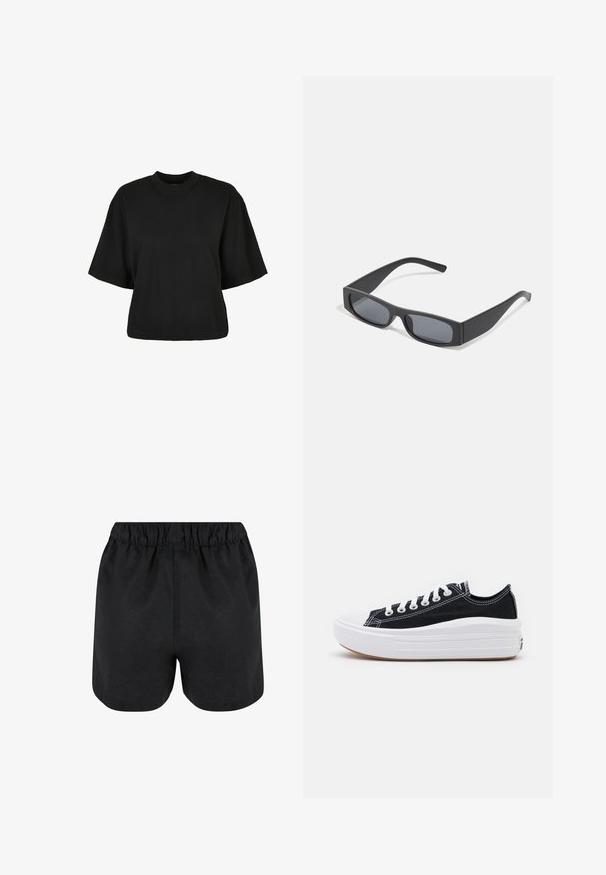 T-shirt noir court en coton. Doté de manches courtes et d'un col rond. Texture lisse avec un design simple, sans motifs supplémentaires.; Shorts noirs avec une taille élastique. Tissu doux, design simple et ourlet légèrement arrondi en bas. Pas de motifs ou de logos visibles.; Baskets en toile noires avec des lacets blancs, un embout en caoutchouc blanc et une semelle intermédiaire blanche épaisse. Présentent des coutures blanches discrètes et une semelle en gomme.; Lunettes de soleil noires rectangulaires avec des verres foncés et des montures en mat épais. Les branches sont légèrement effilées avec une texture lisse.