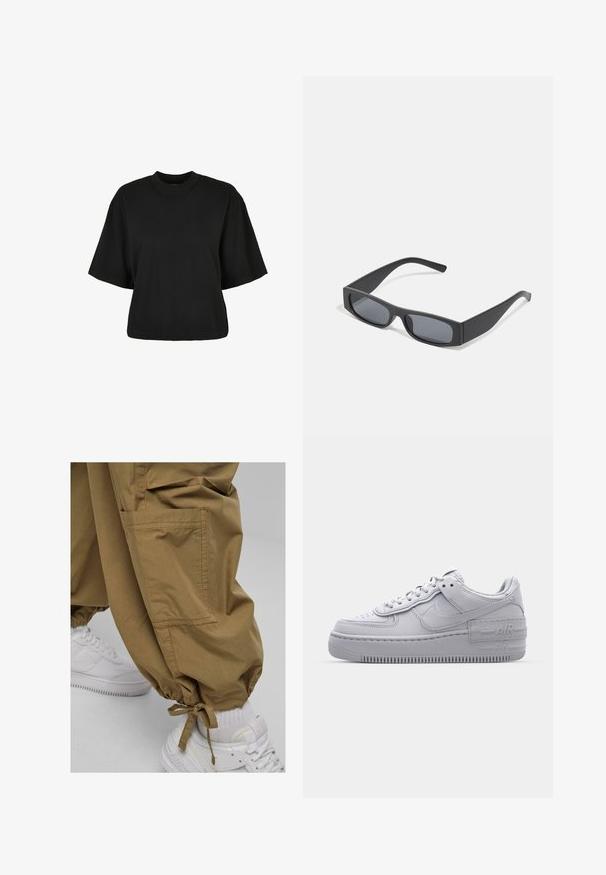 Melnas īsā piegriezuma T-kreklis no kokvilnas. Tam ir īsas piedurknes un apaļa izgriezne. Gluda tekstūra ar vienkāršu dizainu, bez papildu rakstiem.; Haki kravas bikses ar elastīgām aprocēm, sānu kabatām un mīkstu tekstūru, apvienotas ar baltām sporta apaviem. Ikdienišķs dizains, kas piemērots ikdienas valkāšanai.; Pelēkie Nike Air Force 1 sneakers ar perforētu purngalu, gluda ādas virsma, bieza zole un iegravēts 'AIR' detalizējums uz papēža.; Melni taisnstūrveida saulesbrilles ar tumšiem stikliem un bieziem matētiem rāmiem. Rāmju kājas ir nedaudz sašaurinātas ar gludu tekstūru.