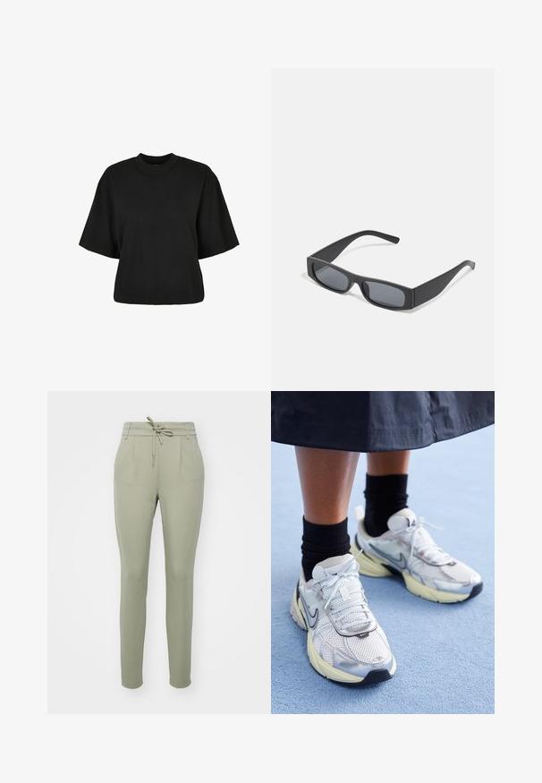 Melnas īsā piegriezuma T-kreklis no kokvilnas. Tam ir īsas piedurknes un apaļa izgriezne. Gluda tekstūra ar vienkāršu dizainu, bez papildu rakstiem.; Gaiši zaļi šauri audumi ar auklu jostu, priekšējām krokām un elastīgām piedurknēm, izgatavoti no mīksta, gluda auduma.; Baltie un sudraba Nike kedas ar tīkla audumu, atstarojošiem akcentiem un bēša zoli. Valkātas ar melnām zeķēm, stāvot uz zilas virsmas.; Melni taisnstūrveida saulesbrilles ar tumšiem stikliem un bieziem matētiem rāmiem. Rāmju kājas ir nedaudz sašaurinātas ar gludu tekstūru.