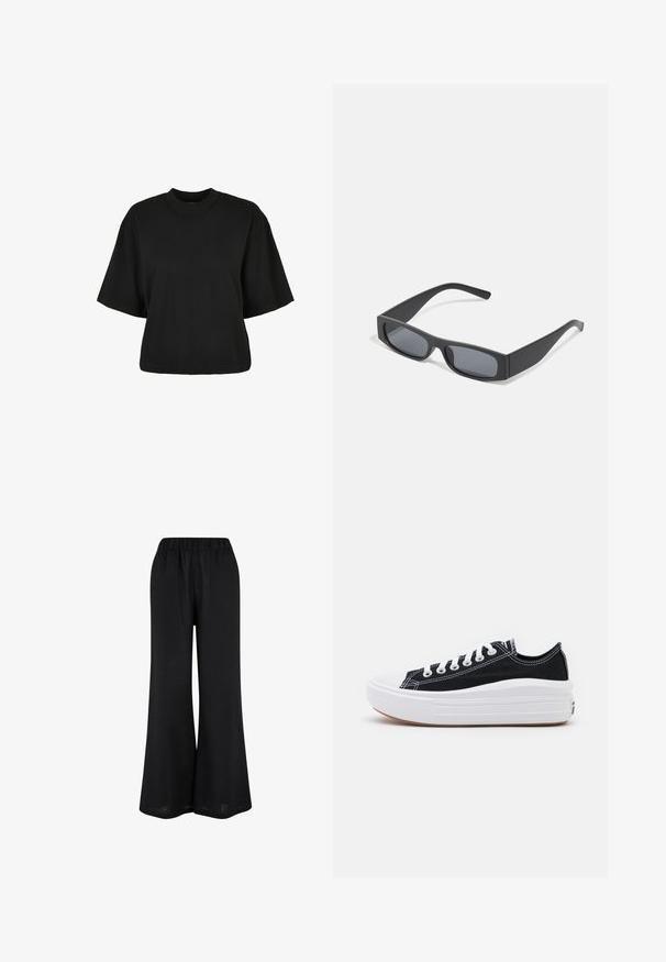 Mustat lyhyet hihattomat t-paidat, valmistettu puuvillasta. Siinä on lyhyt hihat ja pyöreä pääntie. Sileä rakenne yksinkertaisella muotoilulla, ilman ylimääräisiä kuvioita.; Mustat leveälahkeiset housut, jotka on valmistettu kevyestä kankaasta. Varustettu joustavalla vyötärönauhalla ja maanpinnan pituudella, virtaavalla muotoilulla.; Mustat kangaskengät valkoisilla nauhoilla, valkoisella kumitupsulla ja paksulla valkoisella välipohjalla. Ominaisuuksiin kuuluu hienovarainen valkoinen ommel ja kumipohja.; Mustat suorakulmaiset aurinkolasit tummilla linsseillä ja paksuilla mattepinnoilla. Varsien malli on hieman kapeneva ja pinta sileä.