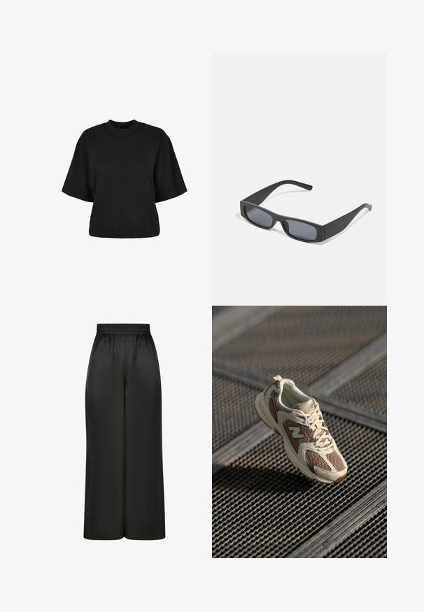 Zwart cropped t-shirt van katoen. Heeft korte mouwen en een ronde halslijn. Glad materiaal met een eenvoudig ontwerp, geen extra patronen.; Zwarte wijde broek gemaakt van soepel, glanzend materiaal met een elastische tailleband en zonder zichtbare zakken of hardware-details.; Beige en bruine sportschoen met een bovenwerk van mesh, een gevoerde zool en vetersluiting. Bevat een logo-accent en textuur overlays.; Zwarte rechthoekige zonnebril met donkere lenzen en dikke matte monturen. De zijstukken zijn licht taps toelopend met een gladde textuur.