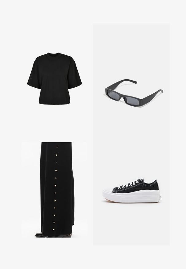 Černé zkrácené tričko vyrobené z bavlny. Má krátké rukávy a kulatý výstřih. Hladký povrch s jednoduchým designem, bez dalších vzorů.; Černá sametová sukně s pozlacenými knoflíkovými akcenty po straně. Tkanina má jemnou strukturu, která elegantně splývá až k podlaze.; Černé plátěné tenisky s bílými tkaničkami, bílým gumovým špičkovým krytem a masivní bílou střední podrážkou. Mají jemné bílé švy a gumovou podešev.; Černé obdélníkové sluneční brýle s tmavými skly a tlustými matnými rámy. Stranice jsou mírně zúžené s hladkým povrchem.