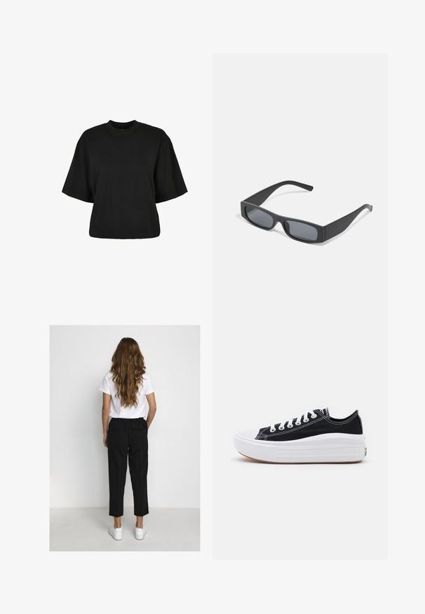 T-shirt noir court en coton. Doté de manches courtes et d'un col rond. Texture lisse avec un design simple, sans motifs supplémentaires.; Femme aux cheveux longs et ondulés portant un t-shirt blanc, un pantalon noir court et des baskets blanches, se tenant devant un mur blanc uni.; Baskets en toile noires avec des lacets blancs, un embout en caoutchouc blanc et une semelle intermédiaire blanche épaisse. Présentent des coutures blanches discrètes et une semelle en gomme.; Lunettes de soleil noires rectangulaires avec des verres foncés et des montures en mat épais. Les branches sont légèrement effilées avec une texture lisse.