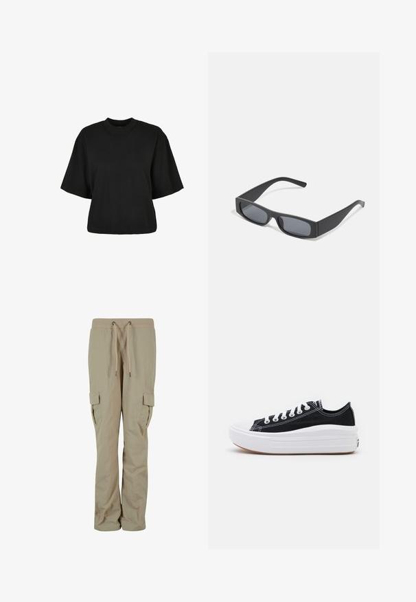 Czarny krótki t-shirt wykonany z bawełny. Posiada krótkie rękawy i okrągły dekolt. Gładka tekstura z prostym wzornictwem, bez dodatkowych wzorów.; Beżowe spodnie typu cargo wykonane z lekkiego materiału, z elastycznym pasem na sznurek, bocznymi kieszeniami oraz luźnym krojem dla wygody.; Czarne płócienne tenisówki z białymi sznurowadłami, białą gumową czapeczką na palcach i masywną białą podeszwą. Mają subtelne białe przeszycia i gumową podeszwę.; Czarne prostokątne okulary przeciwsłoneczne z ciemnymi soczewkami i grubymi matowymi oprawkami. Ramiona są lekko zwężone i mają gładką teksturę.