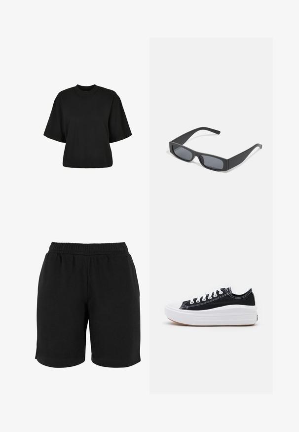 Maglietta nera cropped realizzata in cotone. Presenta maniche corte e un collo rotondo. Tessuto liscio con un design semplice, senza ulteriori motivi.; Shorts neri in cotone con cintura elastica, caratterizzati da una superficie liscia e un taglio semplice. Non sono visibili tasche né decorazioni.; Sneaker nere in tela con lacci bianchi, punta in gomma bianca e una suola intermedia bianca e spessa. Presentano cuciture bianche sottili e una suola in gomma.; Occhiali da sole neri rettangolari con lenti scure e montatura spessa opaca. Le asticelle sono leggermente affusolate con una texture liscia.