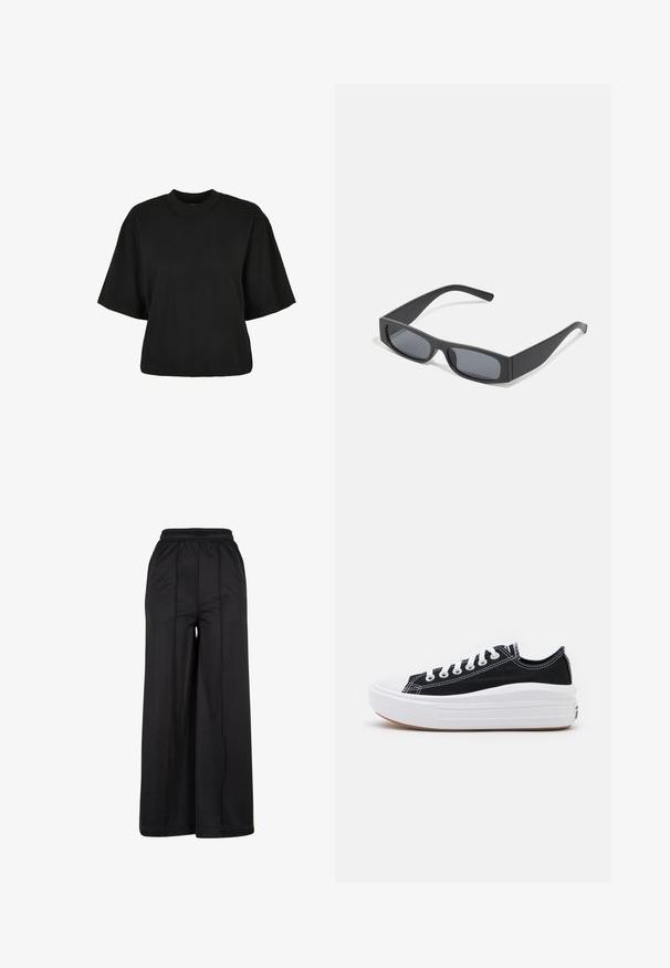 Černé zkrácené tričko vyrobené z bavlny. Má krátké rukávy a kulatý výstřih. Hladký povrch s jednoduchým designem, bez dalších vzorů.; Černé široké kalhoty s elastickým pasem, hladkým materiálem a viditelnými švy. Vyznačují se volným, splývavým střihem.; Černé plátěné tenisky s bílými tkaničkami, bílým gumovým špičkovým krytem a masivní bílou střední podrážkou. Mají jemné bílé švy a gumovou podešev.; Černé obdélníkové sluneční brýle s tmavými skly a tlustými matnými rámy. Stranice jsou mírně zúžené s hladkým povrchem.
