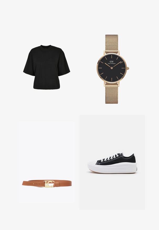 Černé zkrácené tričko vyrobené z bavlny. Má krátké rukávy a kulatý výstřih. Hladký povrch s jednoduchým designem, bez dalších vzorů.; Hnědý kožený pásek se zlatým přezkou s vyřezávaným logem. Hladká struktura a otvory pro nastavení velikosti.; Černé plátěné tenisky s bílými tkaničkami, bílým gumovým špičkovým krytem a masivní bílou střední podrážkou. Mají jemné bílé švy a gumovou podešev.; Zlatý kovový náramek hodinek od Daniel Wellington s kulatým černým ciferníkem, zlatými hodinovými značkami a logem na pozici 12 hodin. Jednoduchý, elegantní design.