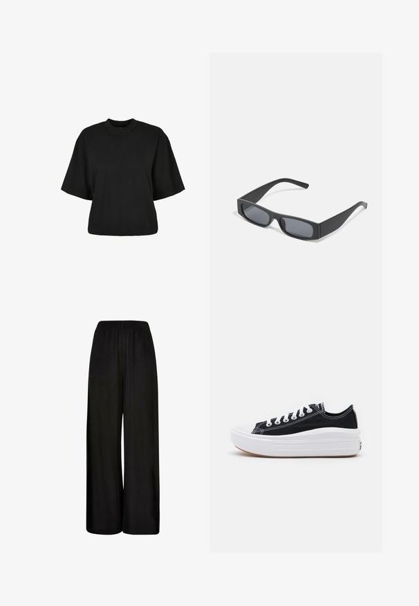 Black cropped t-shirt made of cotton. Features short sleeves and a round neckline. Smooth texture with a simple design, no additional patterns.; Black wide-leg trousers made of a smooth fabric. Features an elastic waistband and a loose, flowing fit for comfort and ease of movement.; Black canvas sneakers with white laces, white rubber toe cap, and a chunky white midsole. Features subtle white stitching and a gum sole.; Black rectangular sunglasses with dark lenses and thick matte frames. The arms are slightly tapered with a smooth texture.