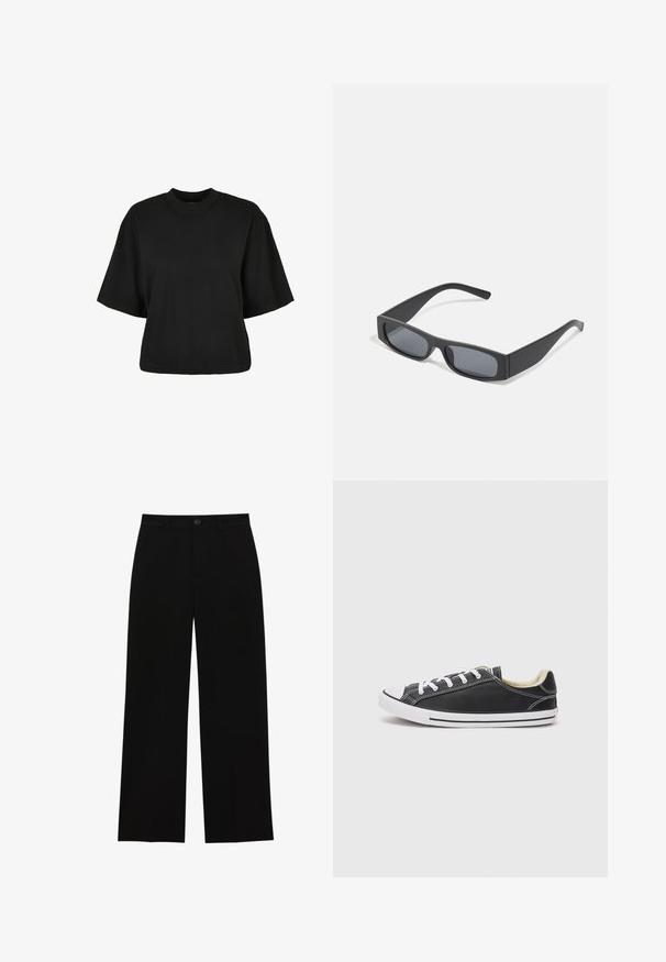 Maglietta nera cropped realizzata in cotone. Presenta maniche corte e un collo rotondo. Tessuto liscio con un design semplice, senza ulteriori motivi.; Pantaloni neri a vita alta, a gamba larga, realizzati in un tessuto morbido, con davanti piatto, chiusura con bottone e senza tasche visibili.; Converse CHUCK TAYLOR ALL STAR DAINTY LUCKY - Sneakers basse - black/white; Occhiali da sole neri rettangolari con lenti scure e montatura spessa opaca. Le asticelle sono leggermente affusolate con una texture liscia.