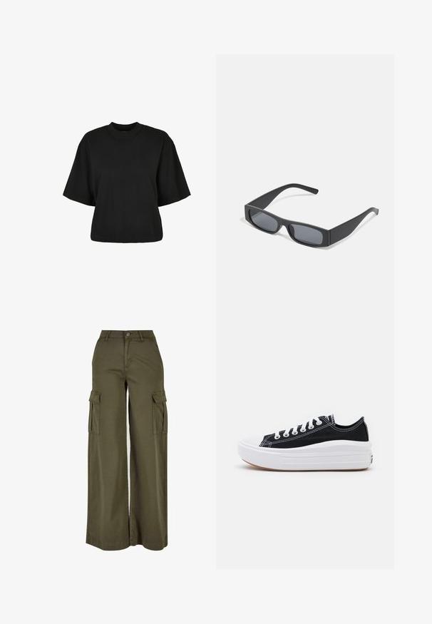 Must terav t-särk, mis on valmistatud puuvillast. Omab lühikesi varrukaid ja ümmargust kaelust. Sile tekstuur ja lihtne disain, ilma täiendavate mustriteta.; Oliivroheline laiad lõhetaskud, millel on kaks külgtaskut, valmistatud pehmest ja vastupidavast kangast. Omab detailselt õmmeldud õmblusi ja nööbikinnitust.; Mustad mustad kingad valgete paeltega, valge kummist varbakattega ja paksu valge vaheosaga. Omab diskreetset valget õmblust ja kummi talla.; Mustad ristkülikukujulised prillid tumepruunide objektiividega ja paksude mattmustade raamidega. Raamide varred on veidi kitsenenud ja neil on sile tekstuur.