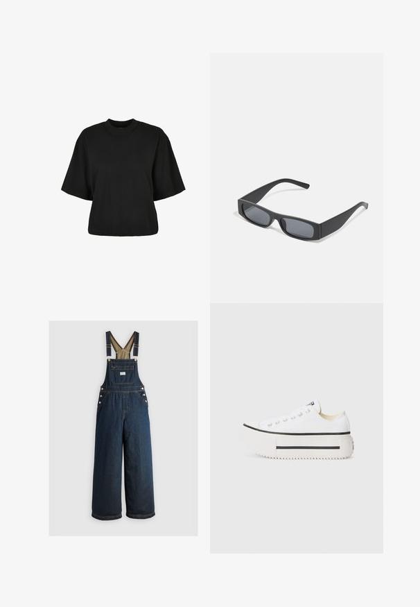 Black cropped t-shirt made of cotton. Features short sleeves and a round neckline. Smooth texture with a simple design, no additional patterns.; Dark blue denim overalls with wide legs, adjustable straps, and button accents. Features a front pocket and a solid, smooth texture.; White canvas platform sneakers with black rubber sole, round toe cap, and metal eyelets, featuring a simple, clean design.; Black rectangular sunglasses with dark lenses and thick matte frames. The arms are slightly tapered with a smooth texture.