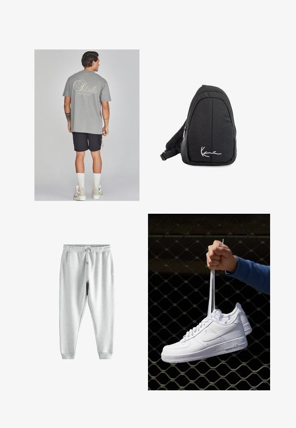 Grå bomullströja med stor krämfärgad logo på baksidan, parat med svarta shorts. Modellen har på sig vita strumpor och beige sneakers.; Grå sweats med dragsko i midjan, två sidofickor och smala anklar, tillverkade av mjukt, texturerat tyg.; Vita lädersneakers med perforeringar, rund tå, platt sula och tjocka snörning, med en synlig swoosh-logga och "AIR" på hälen.; Svart tyg sling ryggsäck med en mjuk textur, med en rundad design, en dragkedjefack och en vit logotyp på framsidan.