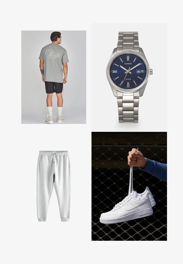 Gray cotton t-shirt with large cream logo on back, paired with black shorts. Model wears white socks and beige sneakers.; Gray sweatpants with a drawstring waistband, two side pockets, and fitted ankles, made from soft, textured fabric.; White leather sneakers with perforations, round toe, flat sole, and thick laces, featuring a visible swoosh logo and "AIR" on the heel.; Silver stainless steel wristwatch with a navy blue dial, metallic hour markers, and a date window at 3 o'clock. Water-resistant to 50 meters.