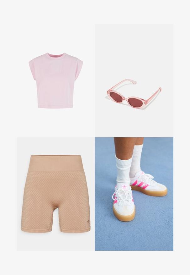 Urban Classics Navadna majica - blushedrose; Even&Odd active MID RISE SEAMLESS CYCLING SHORTS WITH RIBBED WAISTBAND
- Pajkice - dark brown; Bele tenisice z roza črtami in logotipom, z zamšastim kapo na prstih, gumijastim podplatom, oblečene z belimi rebrastimi moški nogavicami, proti modri ozadju.; Roza prozorna sončna očala z ovalnimi lečami, temno rdečim odtenkom in vitkimi rokami, s gladko površino in subtilnimi detajli na okvirju.