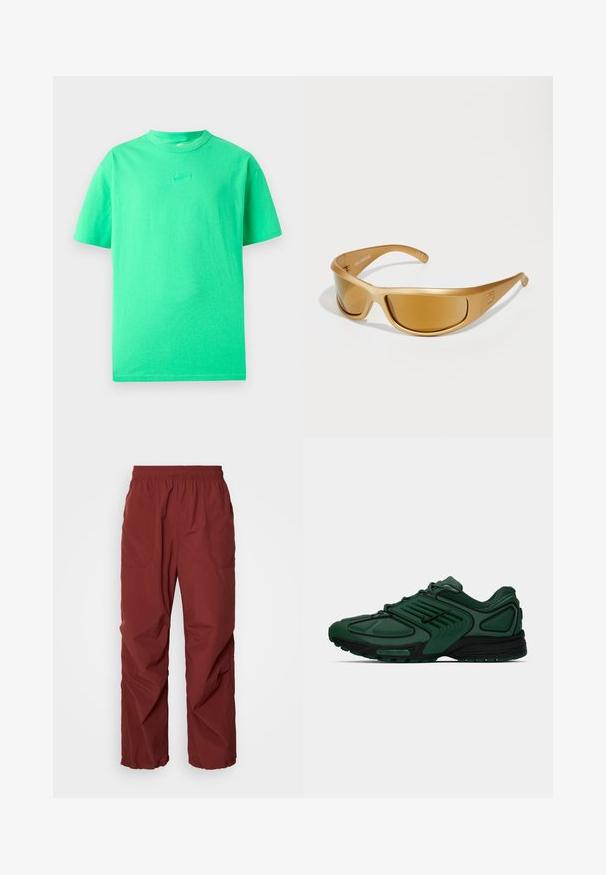 Zöld, rövid ujjú pamut póló, kerek nyakkivágással, az mellrészen egy enyhén sötétebb zöld hímzett Nike logóval.; Piros, könnyű, rugalmas derekú nadrág, két oldalsó zsebbel, széles lábakkal és sima textúrával. Ideális hétköznapi viselethez vagy aktív használatra.; Sötétzöld Nike futócipő fekete részletekkel, hálós felsőrésszel, fűzőkkel és teljes hosszúságú Nike Air talppal fehér háttéren.; Aranyszínű napszemüveg matt felülettel. A szemüveg körbeölelő kialakítással és enyhén ívelt lencsékkel rendelkezik a szem védelme érdekében.