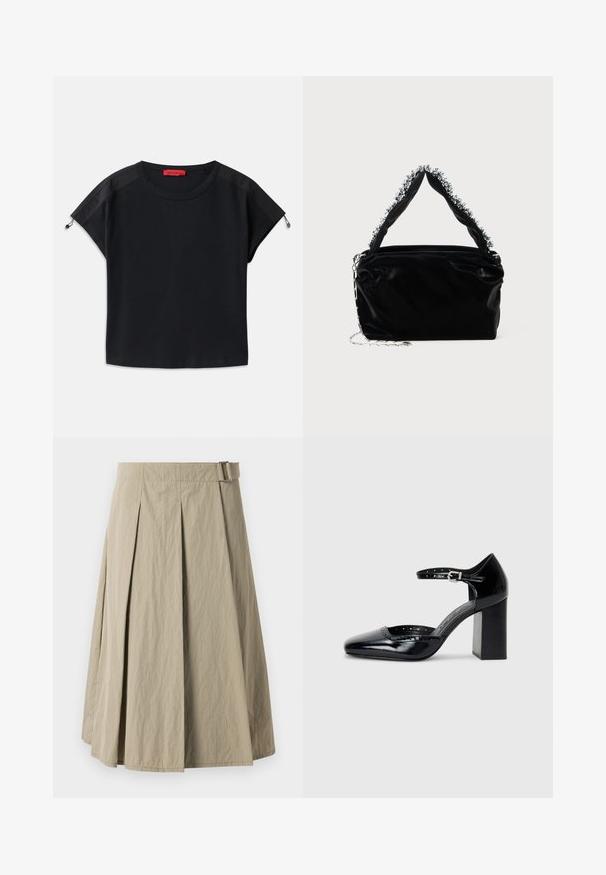 Svart avkortet t-skjorte med rund hals. Har myk stoff med satengpaneler på skuldrene og snøringdetaljer på ermene.; Beige plisserad kjol med en jämn textur, med bältesspännare och A-linjeform, designad med en knälång klippning.; Sorte lakk lær høye hæler med firkantet tå, ankelrem og chunky hæl. Inkluderer perforerte detaljer langs kanten.; Svart veske i faux lær med tekstur, med en perlet sølvdetalj langs det øverste håndtaket og en kjede-rem.