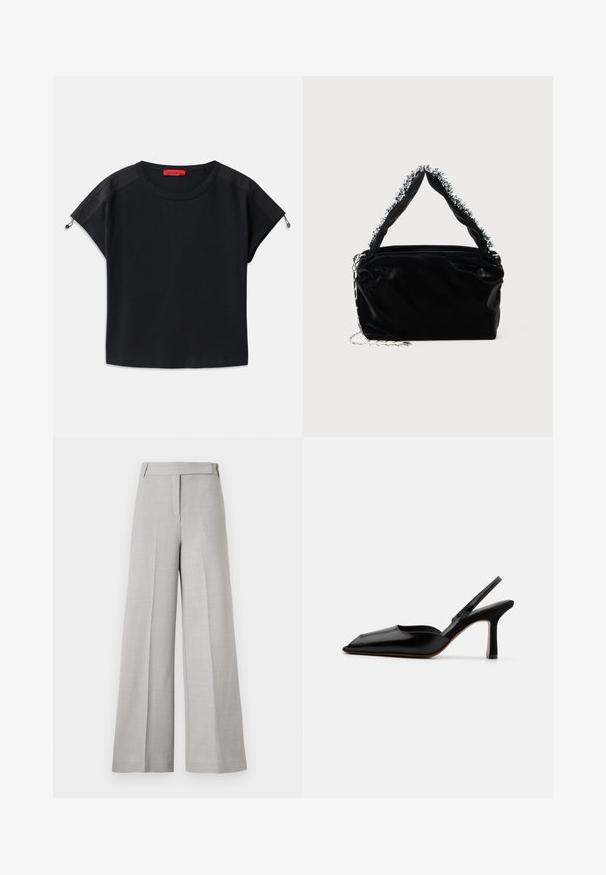Mustalane lühike t-särk ümmarguse kaelusega. Sisaldab pehmeid kangaid satiinpaneelidega õlgadel ja nööridega detaile varrukatel.; Halli hallid suured püksid sujuva tekstuuriga, millel on formaalne talje ja eesmine voldik, et saavutada viimistletud välimus.; Must musta slingback-kand käptelastega, terava varvaga, minimalismi disainiga, õhuke pahkluu rihm ja sujuv stiletto-kõrgus. Sile tekstuur.; Must mustrepp nahkakäekott, millel on tekstuuriga viimistlus, esitades pehme hõbedase aktsendi pealt käepideme juures ja kettainet.