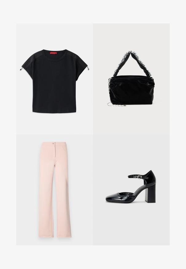 Svart avkortet t-skjorte med rund hals. Har myk stoff med satengpaneler på skuldrene og snøringdetaljer på ermene.; Rosa vide benedrager laget av mykt stoff. Har en frontknapp-lukking, to sidelommer og en jevn tekstur.; Sorte lakk lær høye hæler med firkantet tå, ankelrem og chunky hæl. Inkluderer perforerte detaljer langs kanten.; Svart veske i faux lær med tekstur, med en perlet sølvdetalj langs det øverste håndtaket og en kjede-rem.