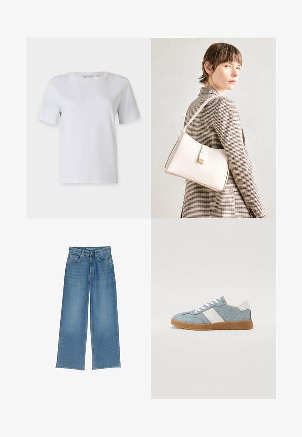 Weißes T-Shirt mit kurzen Ärmeln aus glattem Baumwollstoff. Verfügt über einen Rundhalsausschnitt und einen geraden Saum, ohne Muster oder Verzierungen.; Helle blaue weit geschnittene Denim-Jeans mit hoher Taille, fünf Taschen und sichtbaren Nähten; der Stoff hat eine leicht strukturierte Oberfläche.; Denim-Canvas-Sneaker mit hellblauem Obermaterial, weißem Seitenstreifen und Gummisohle. Ausstattung mit weißen Schnürsenkeln und gepolstertem Schaft.; Weiße Lederhandtasche mit strukturiertem Design, ausgestattet mit einem Magnetverschluss und einem Schulterriemen, präsentiert vor einem neutralen Hintergrund.